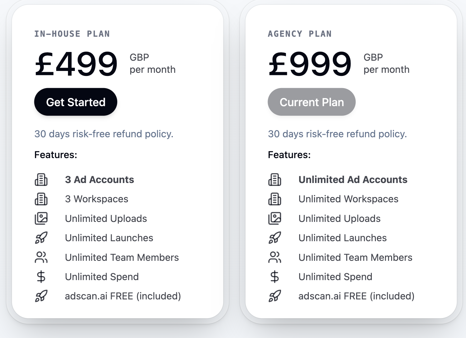 AdManage pricing — flat plans with unlimited launches, uploads and spend